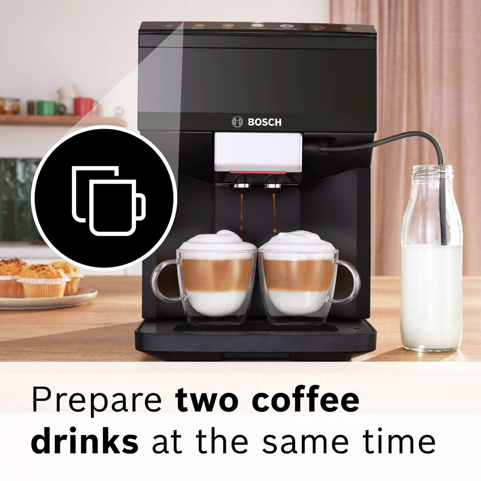 Bosch 500 Series Fully Automatic Espresso Machine – Touch Control Panel, Milk Hose, Ceramic Grinder, Uses Beans & Ground Coffee, 9 One-Touch Drinks, in Black TPU40109