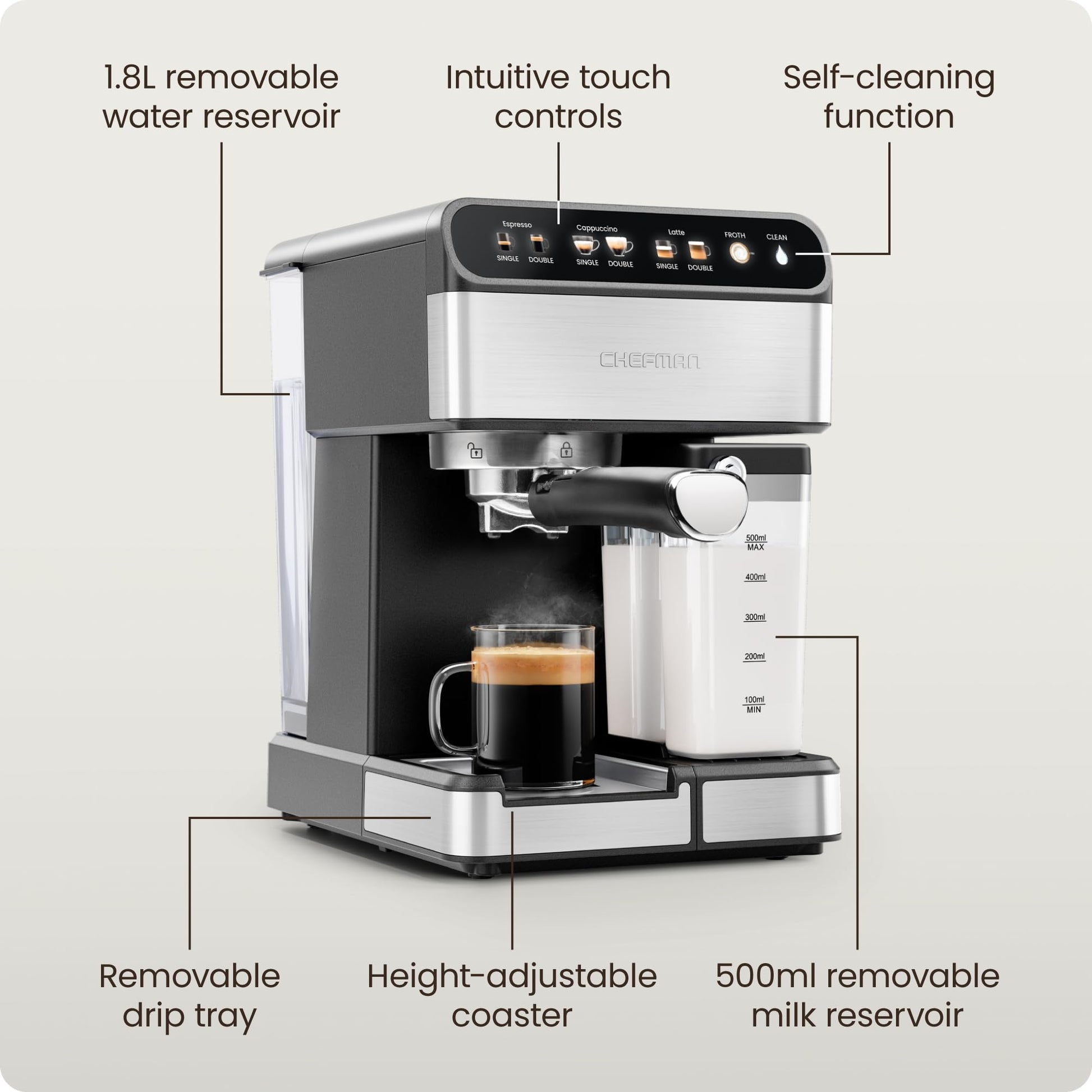 Chefman CaféMaster Pro Espresso Machine, Brew Single or Double Shots, Coffee Maker with Built-In Milk Frother for Cappuccino & Latte, XL 1.8 Liter Removable Water Reservoir - Stainless Steel
