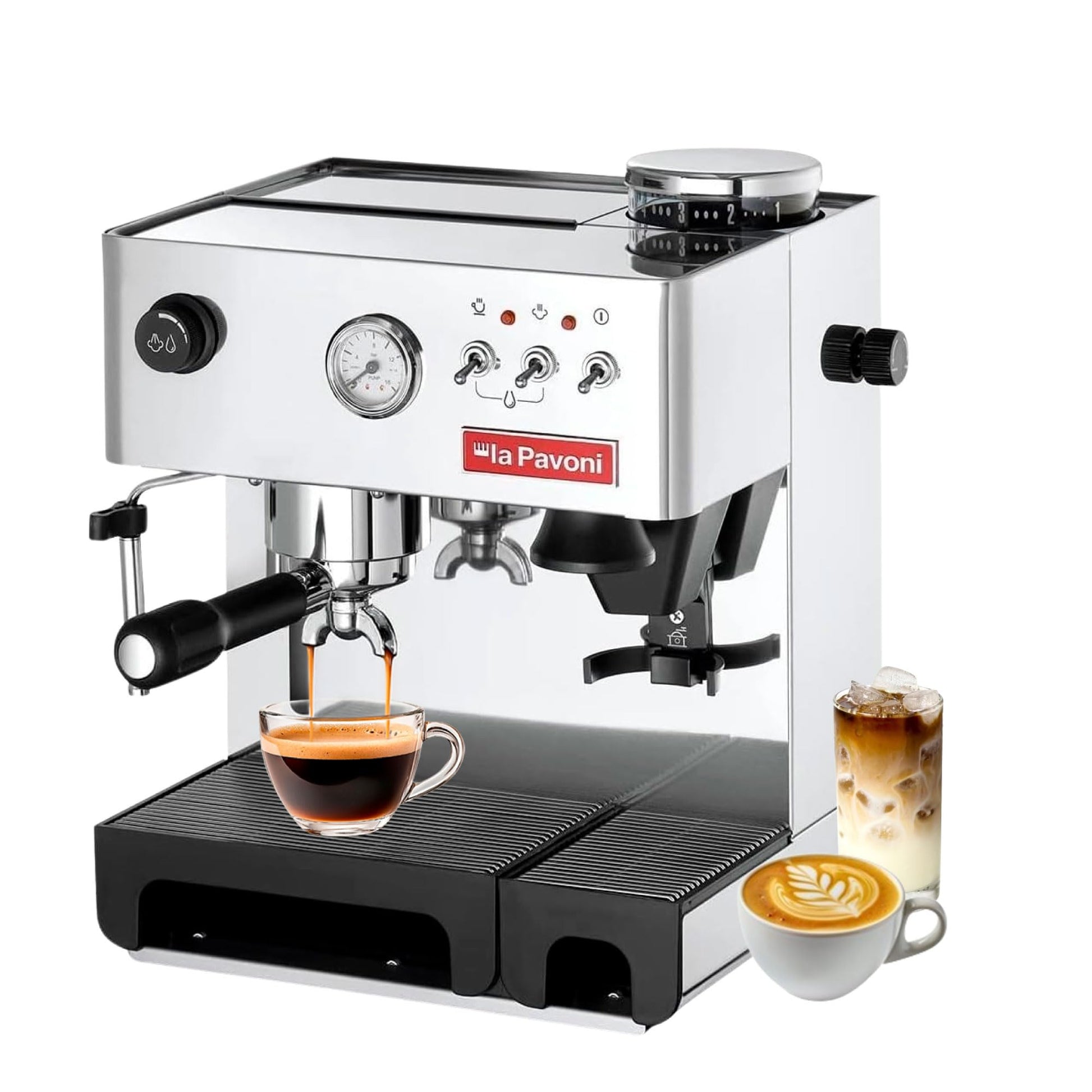 La Pavoni Domus Bar Espresso/Cappuccino Machine - Built-in Conical Burr Grinder with 7 Settings - Stainless Steel Body - 2.7L Water Reservoir - Turbo Steam Wand & Marine Brass Boiler - Made in Italy