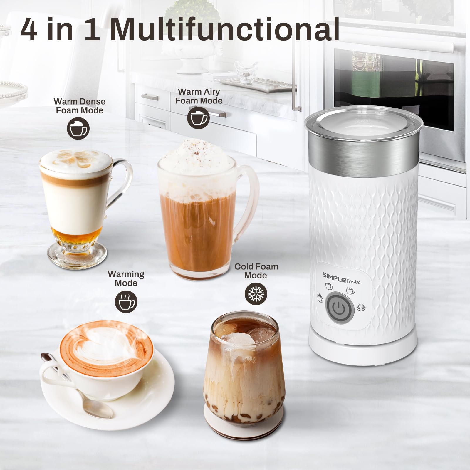 SIMPLETASTE Milk Frother, 4-in-1 Electric Milk Steamer, Automatic Warm and Cold Foam Maker and Milk Warmer for Latte, Cappuccinos, Macchiato
