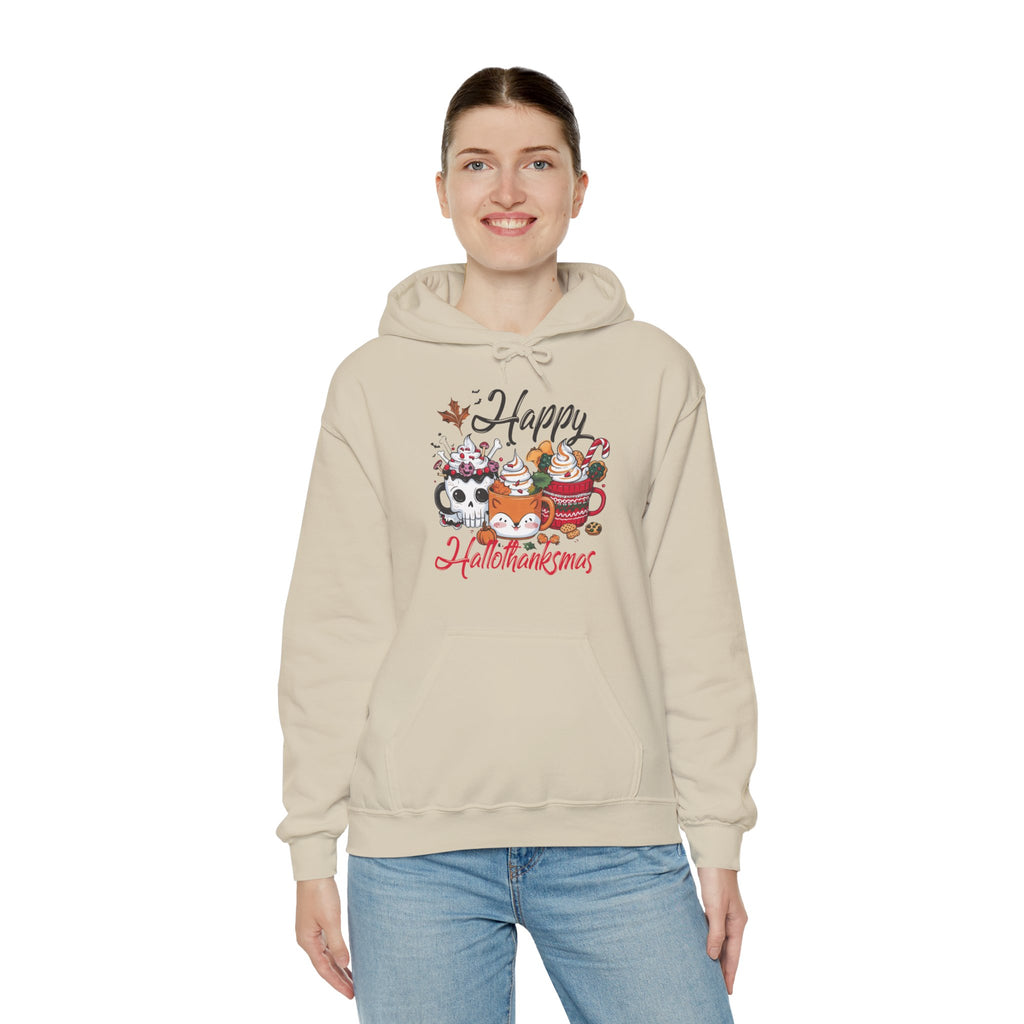 Happy Hallothankmas Unisex Hoodie, Cozy Holiday Sweatshirt, Funny Thanksgiving & Halloween Gift, Festive Apparel, Fall Fashion