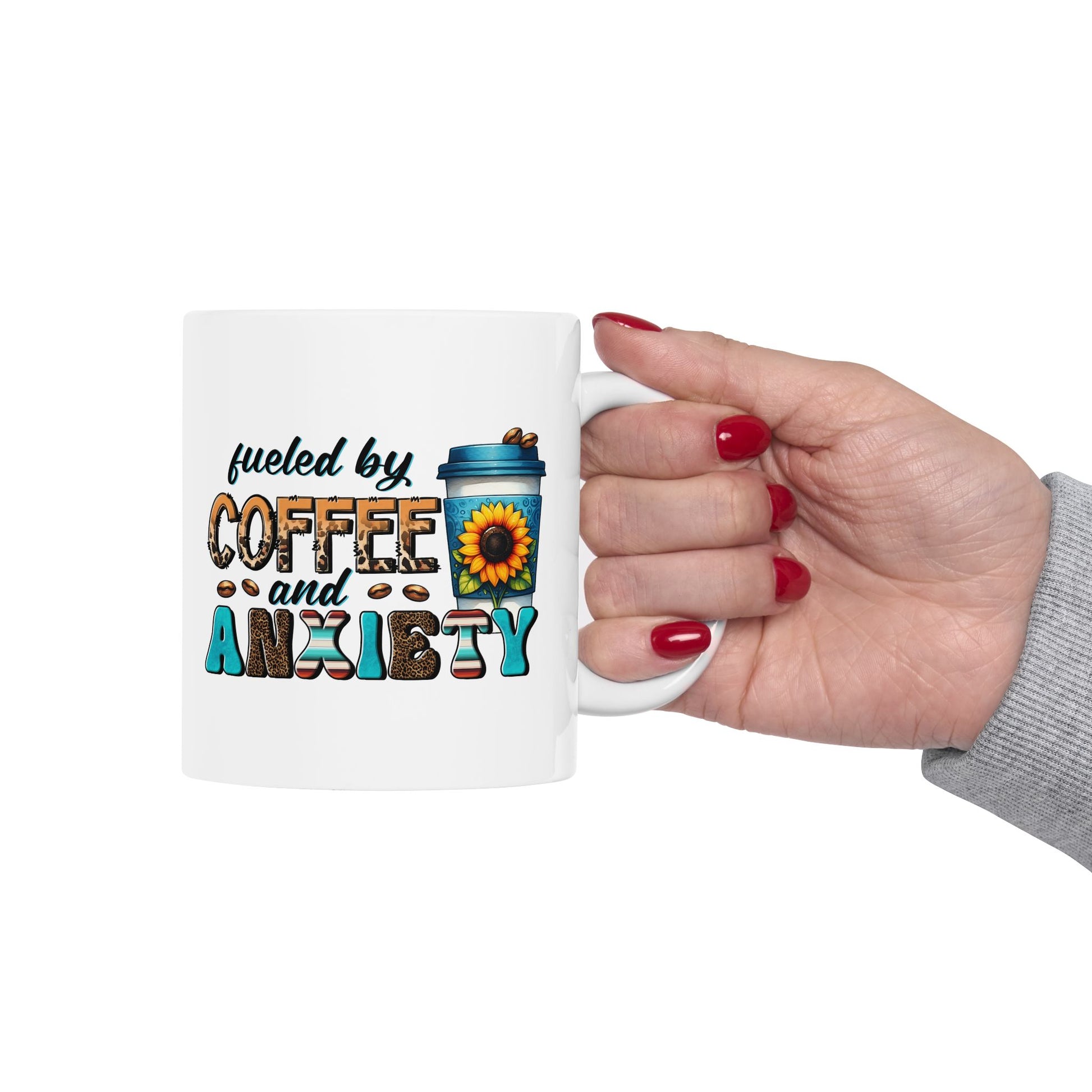 Fueled by Coffee and Anxiety Coffee Mug, Sunflower Coffee Ceramic Mug 11oz
