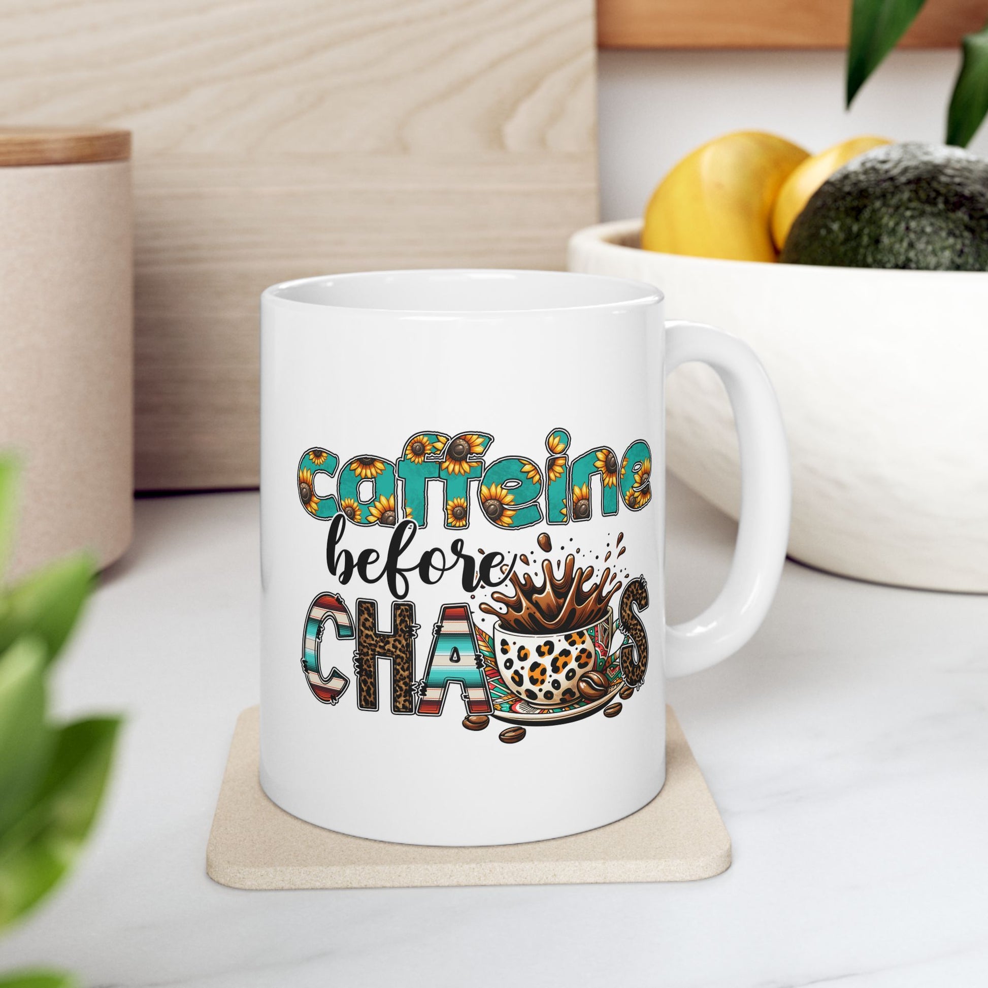 Caffeine before Chaos Coffee Ceramic Mug - Perfect for Coffee Lovers 11oz