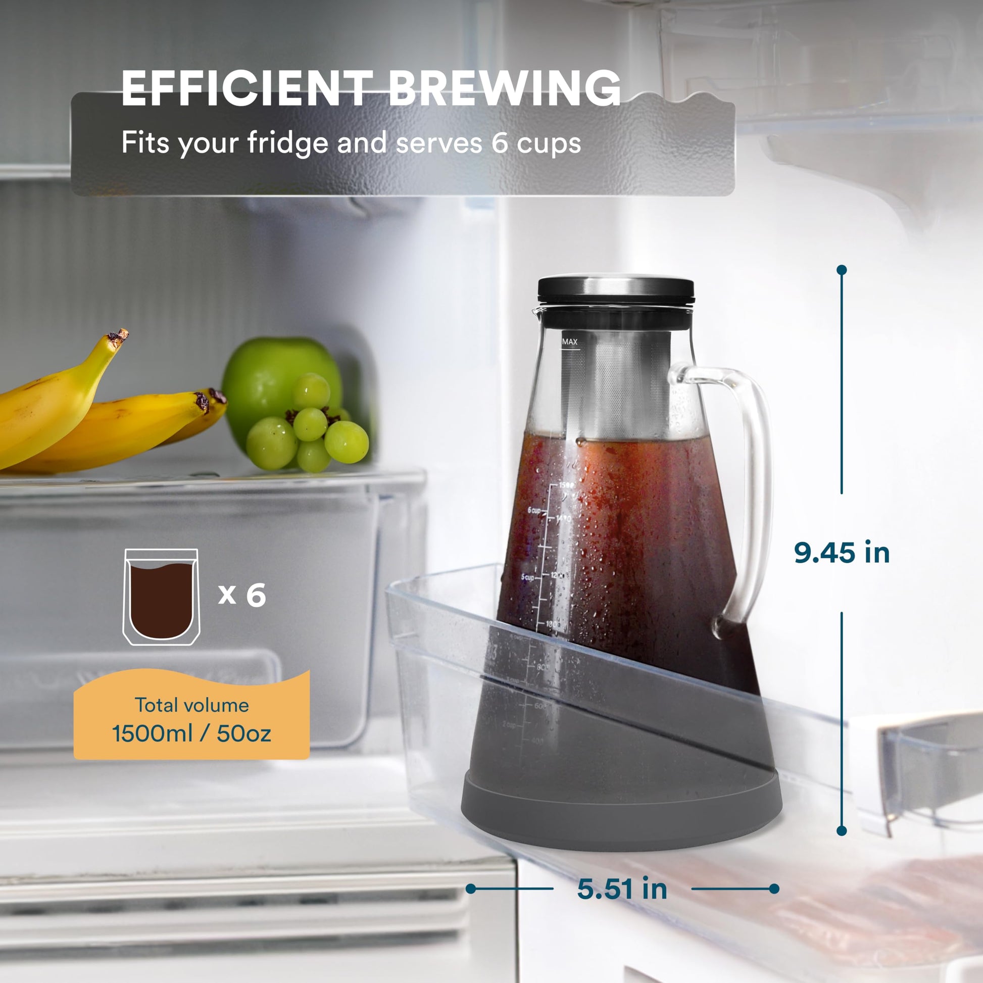 OVALWARE Airtight Cold Brew Iced Coffee Maker Pitcher (& Iced Tea Maker) with Spout – 1.5L/ 51oz Brewing Glass Carafe with Removable Stainless Steel Filter