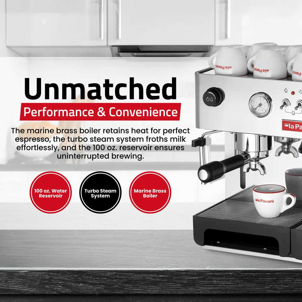 La Pavoni Domus Bar Espresso/Cappuccino Machine - Built-in Conical Burr Grinder with 7 Settings - Stainless Steel Body - 2.7L Water Reservoir - Turbo Steam Wand & Marine Brass Boiler - Made in Italy