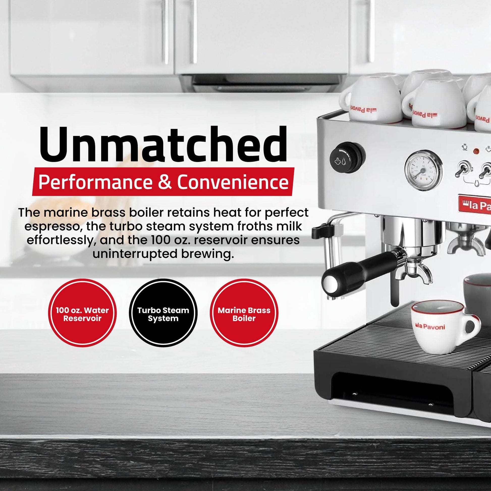 La Pavoni Domus Bar Espresso/Cappuccino Machine - Built-in Conical Burr Grinder with 7 Settings - Stainless Steel Body - 2.7L Water Reservoir - Turbo Steam Wand & Marine Brass Boiler - Made in Italy