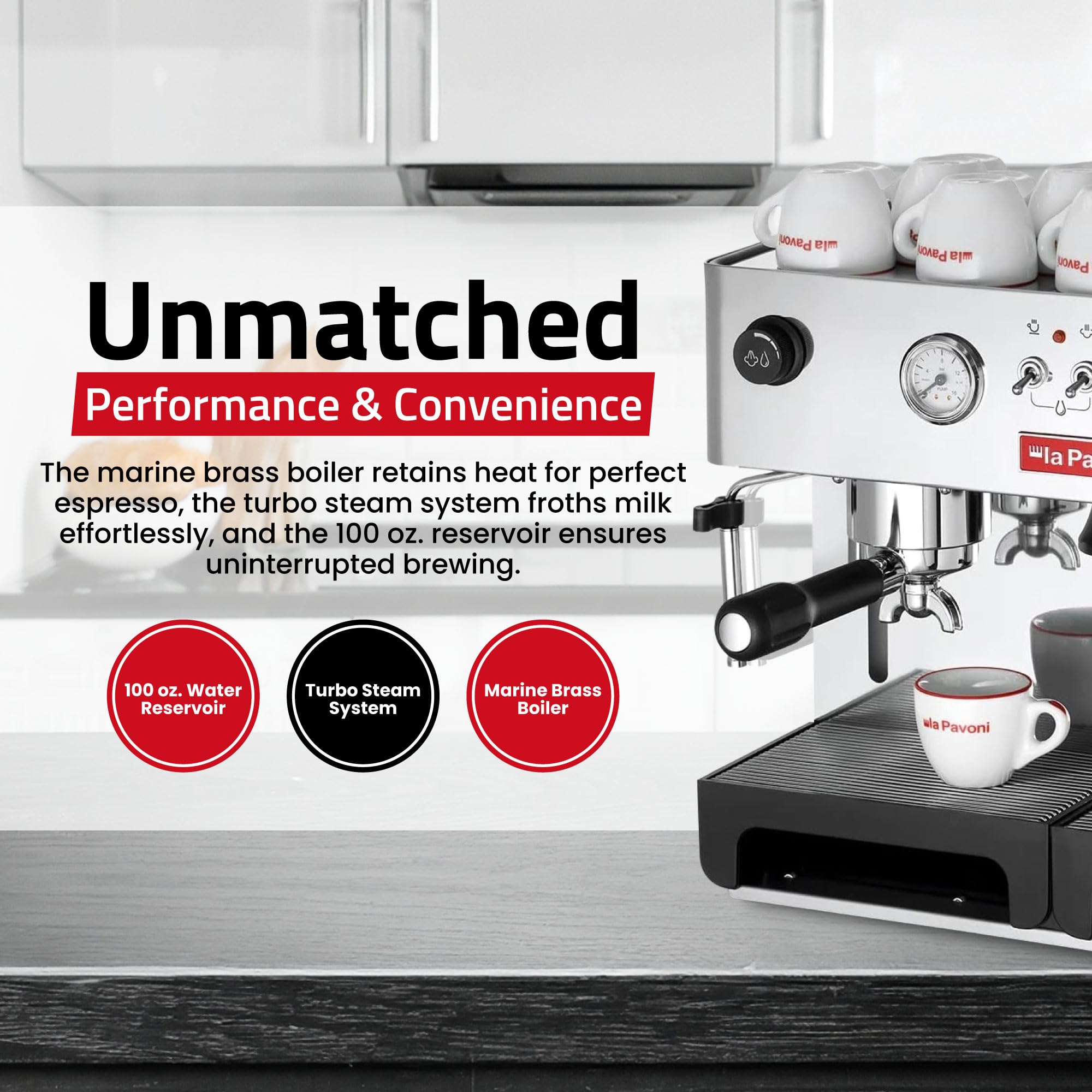 La Pavoni Domus Bar Espresso/Cappuccino Machine - Built-in Conical Burr Grinder with 7 Settings - Stainless Steel Body - 2.7L Water Reservoir - Turbo Steam Wand & Marine Brass Boiler - Made in Italy
