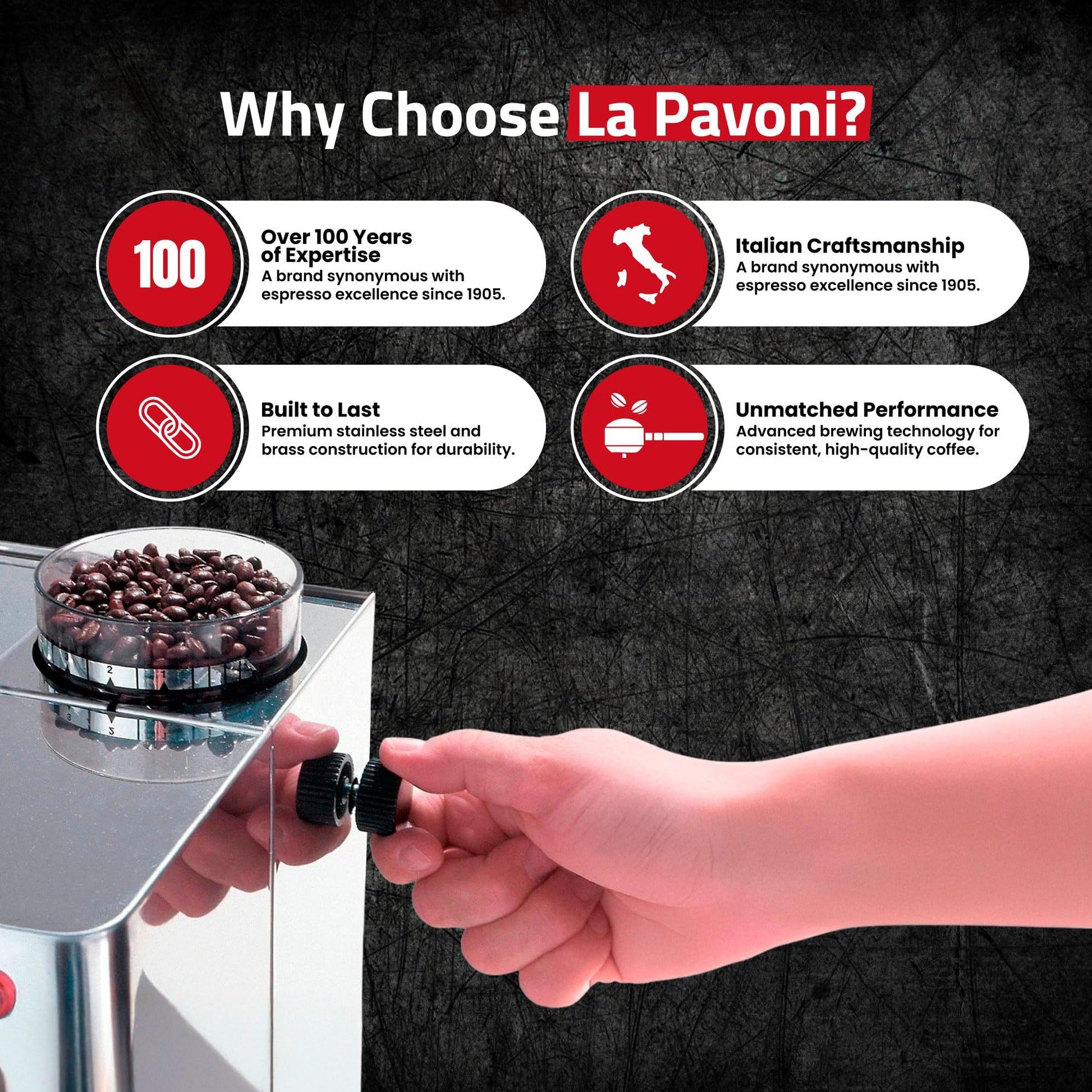 La Pavoni Domus Bar Espresso/Cappuccino Machine - Built-in Conical Burr Grinder with 7 Settings - Stainless Steel Body - 2.7L Water Reservoir - Turbo Steam Wand & Marine Brass Boiler - Made in Italy