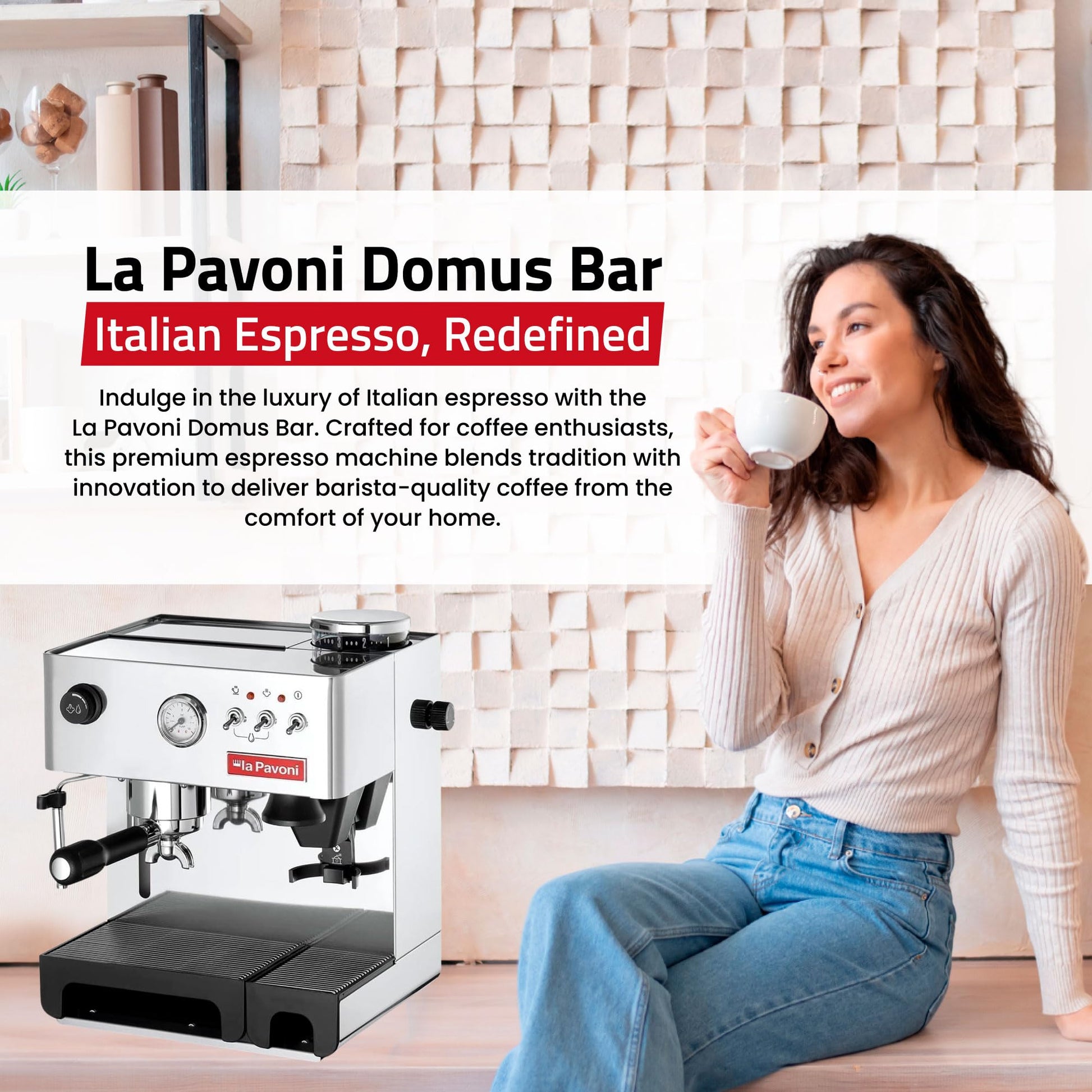 La Pavoni Domus Bar Espresso/Cappuccino Machine - Built-in Conical Burr Grinder with 7 Settings - Stainless Steel Body - 2.7L Water Reservoir - Turbo Steam Wand & Marine Brass Boiler - Made in Italy