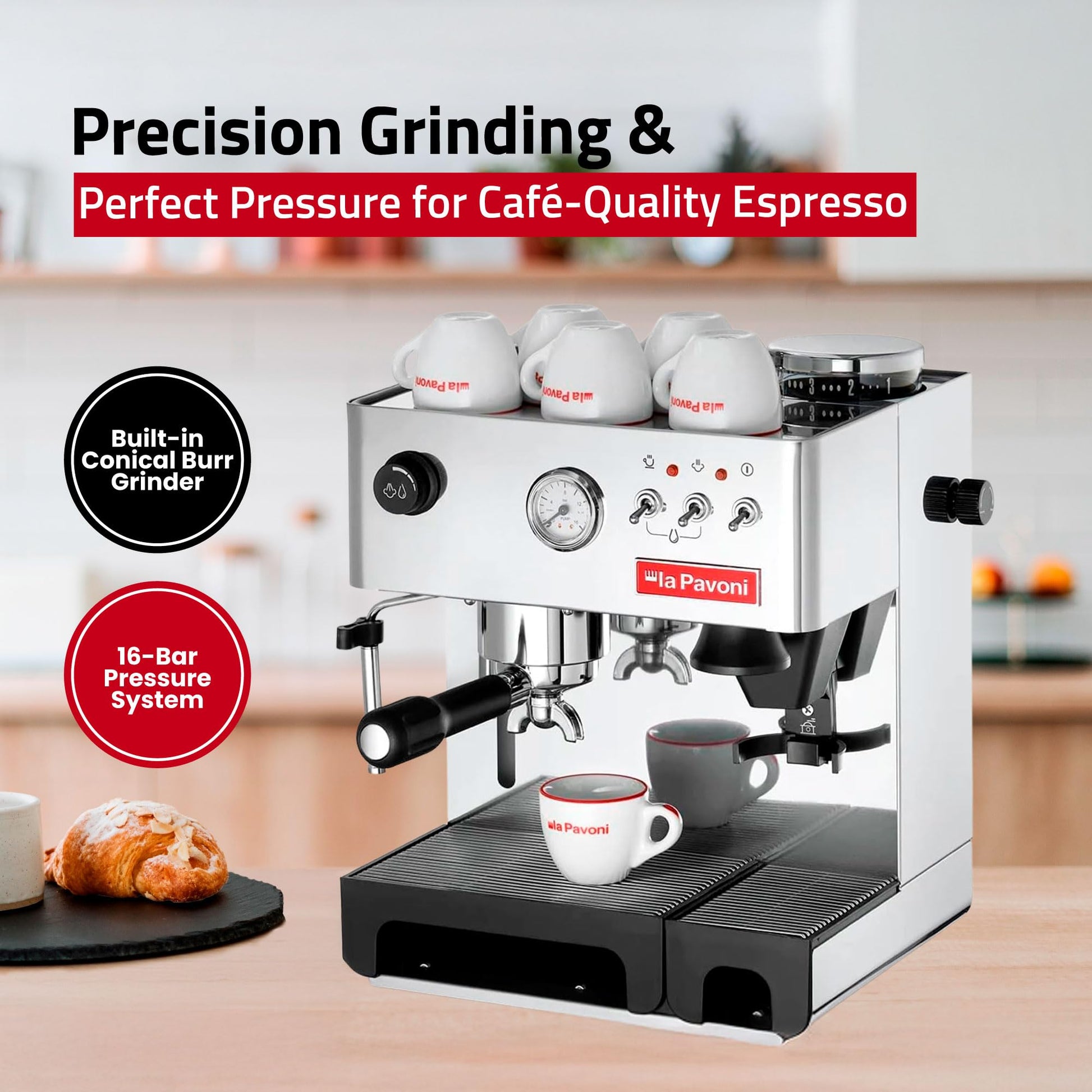 La Pavoni Domus Bar Espresso/Cappuccino Machine - Built-in Conical Burr Grinder with 7 Settings - Stainless Steel Body - 2.7L Water Reservoir - Turbo Steam Wand & Marine Brass Boiler - Made in Italy