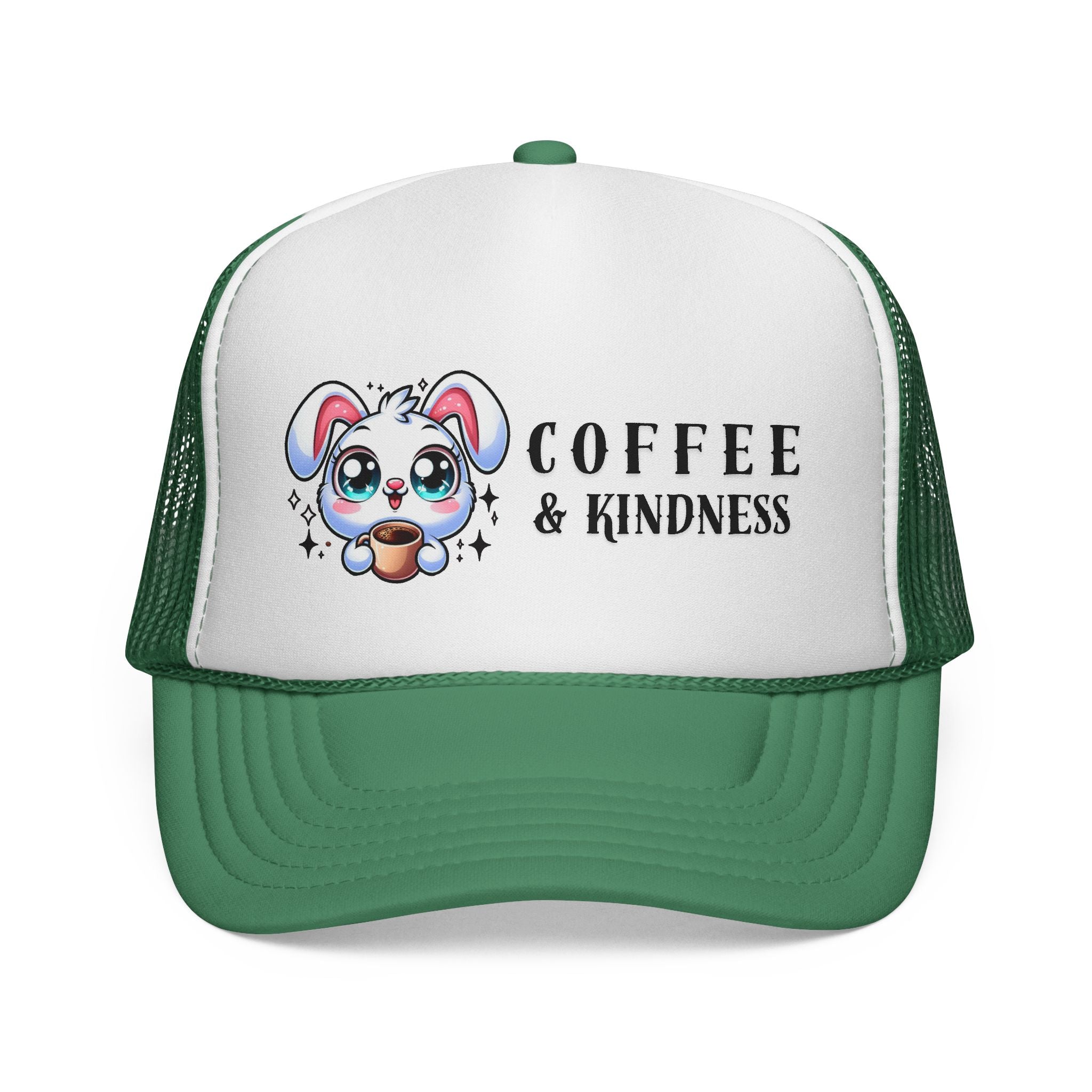 Cute Coffee & Kindness Trucker Cap, Kawaii Bunny Hat, Gift for Coffee Lovers, Spring Accessory, Animal Lover Apparel