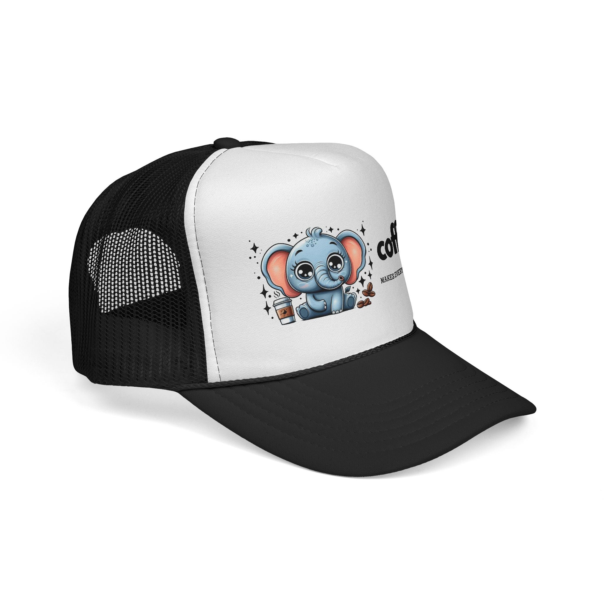 Coffee-Themed Trucker Cap, Cute Elephant Design, Perfect for Coffee Lovers, Fun Gift for Holidays and Everyday Wear