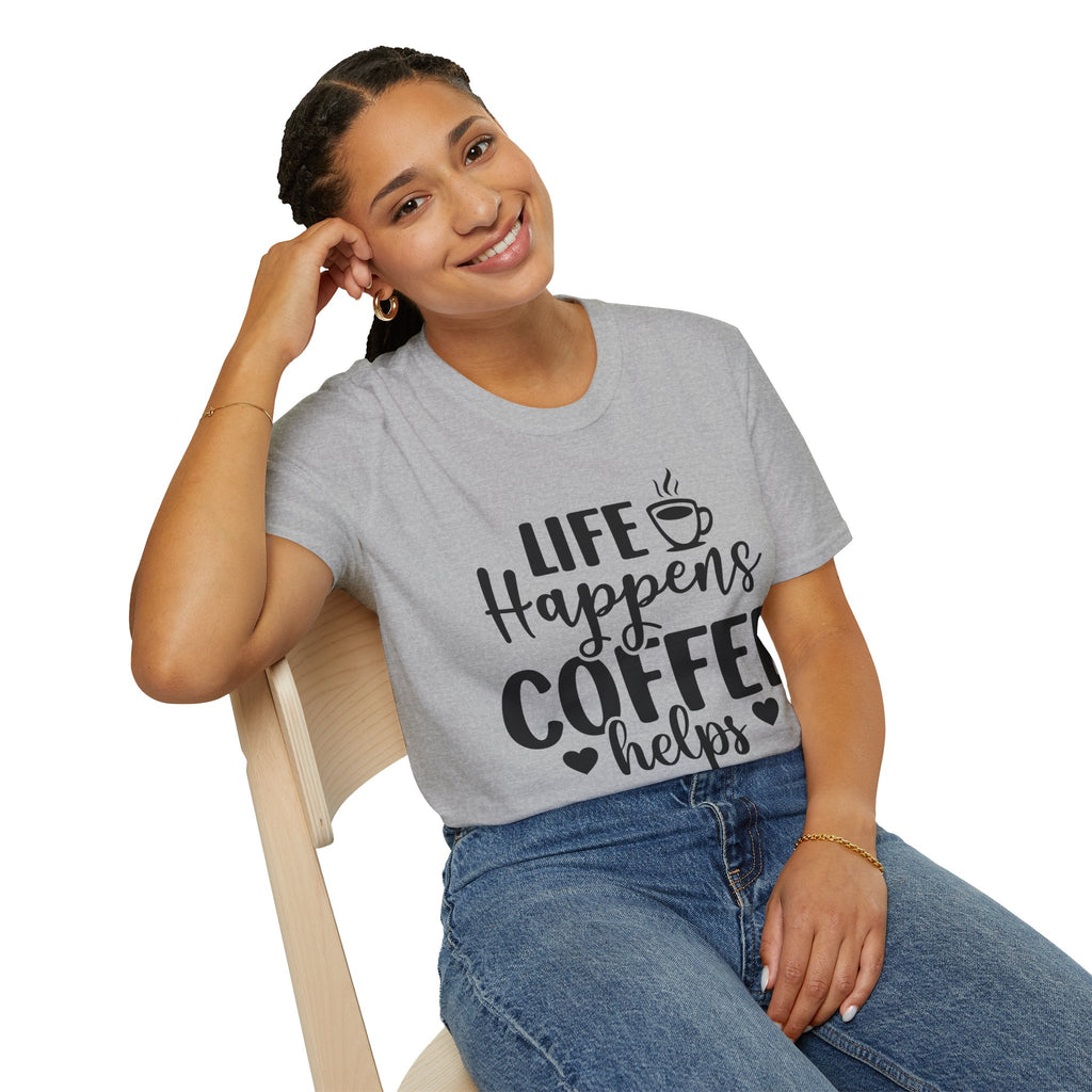 Coffee Helps Unisex Softstyle T-Shirt, Relaxed Fit Tee, Gift for Coffee Lovers, Casual Wear, Motivational Quote Tee