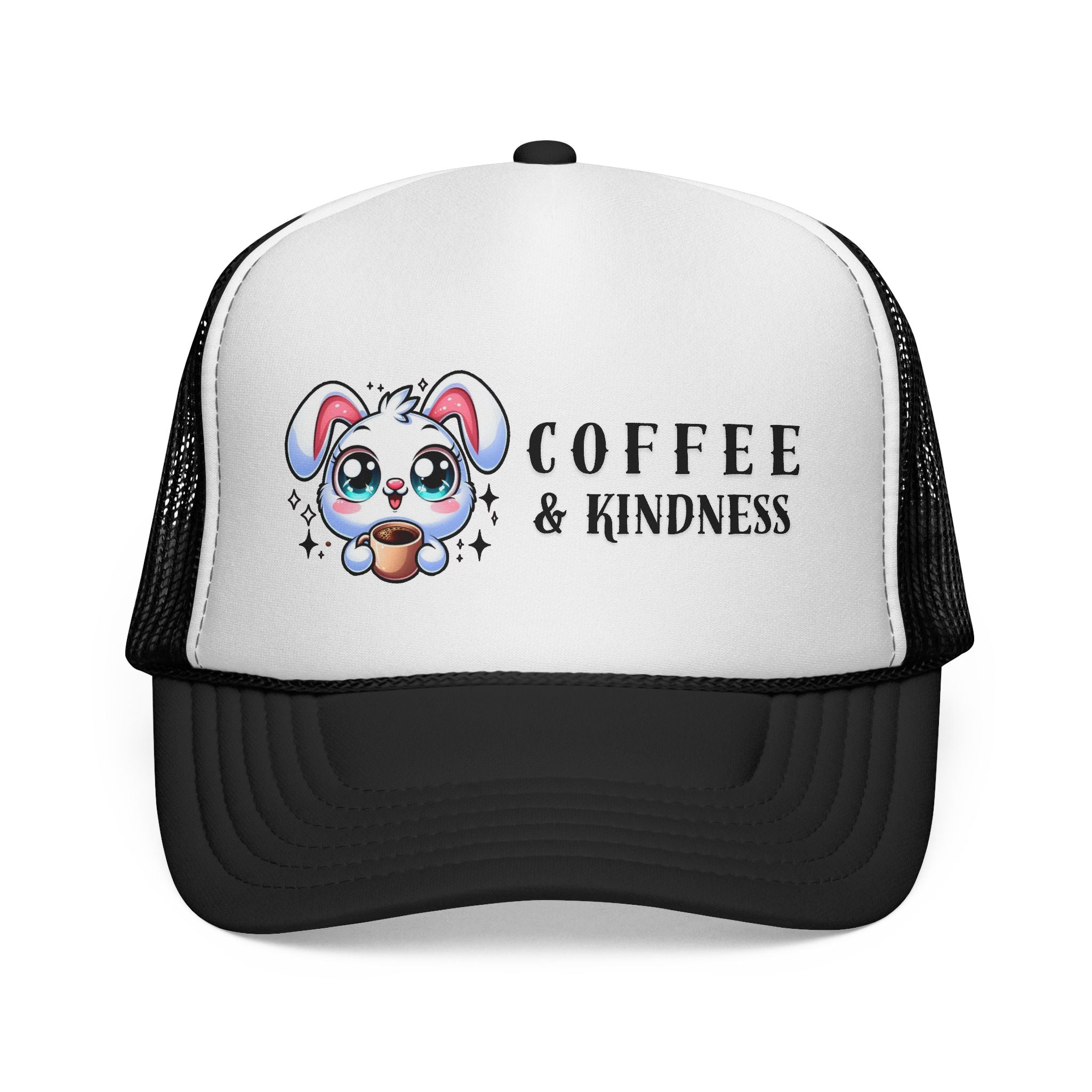 Cute Coffee & Kindness Trucker Cap, Kawaii Bunny Hat, Gift for Coffee Lovers, Spring Accessory, Animal Lover Apparel