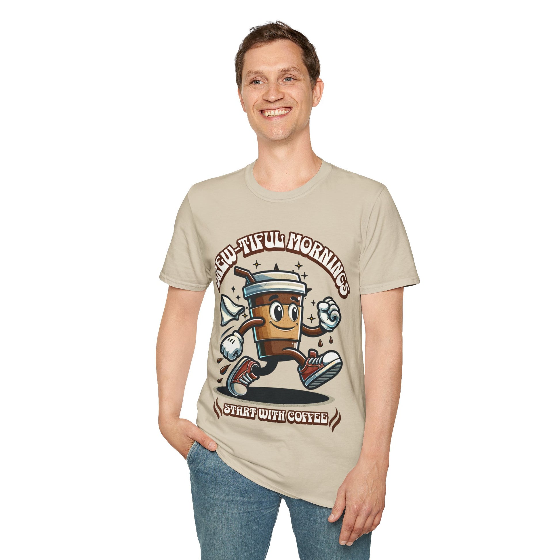 Brew-tiful Mornings start with Coffee Unisex Softstyle T-Shirt, Coffee T-Shirt for Coffee lovers
