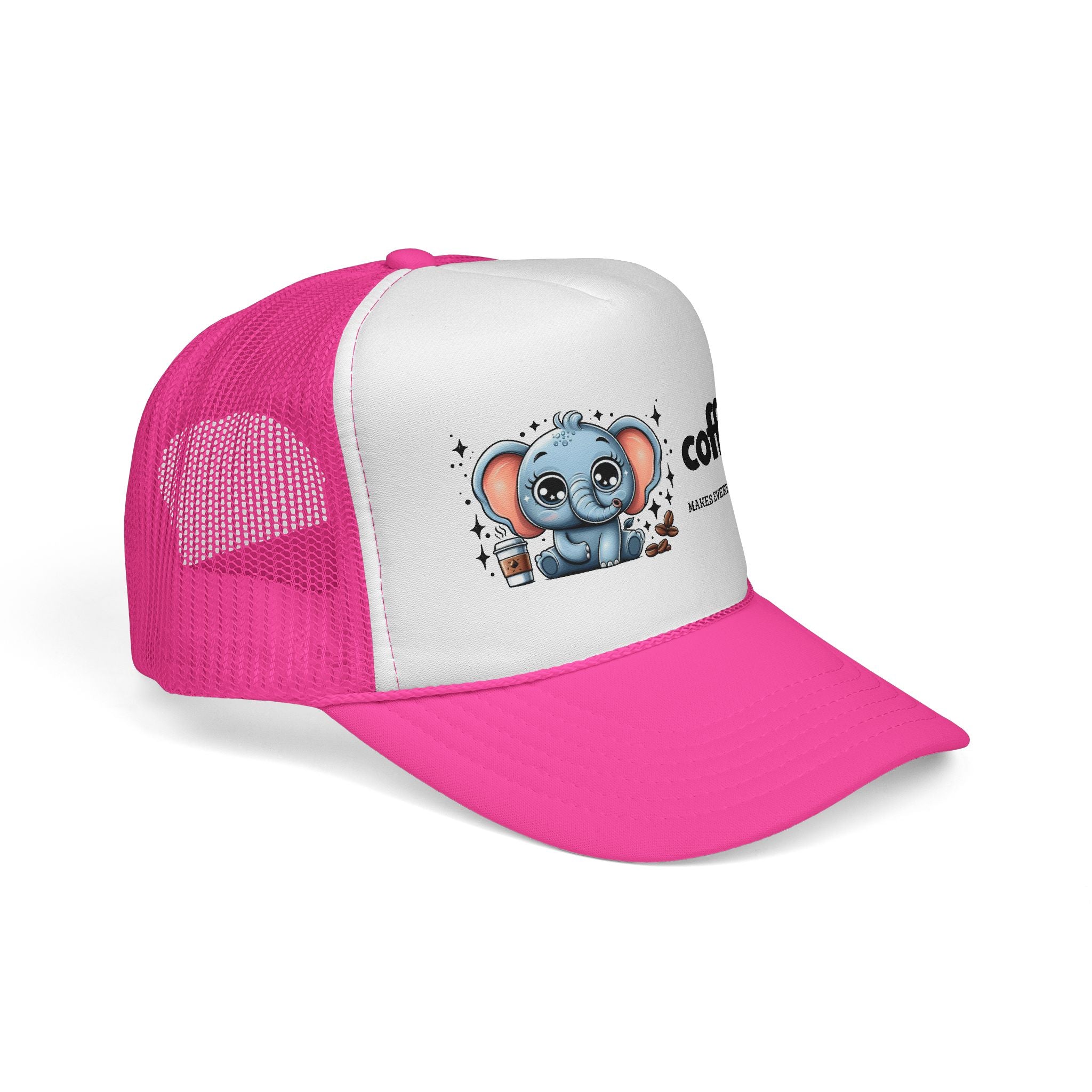 Coffee-Themed Trucker Cap, Cute Elephant Design, Perfect for Coffee Lovers, Fun Gift for Holidays and Everyday Wear