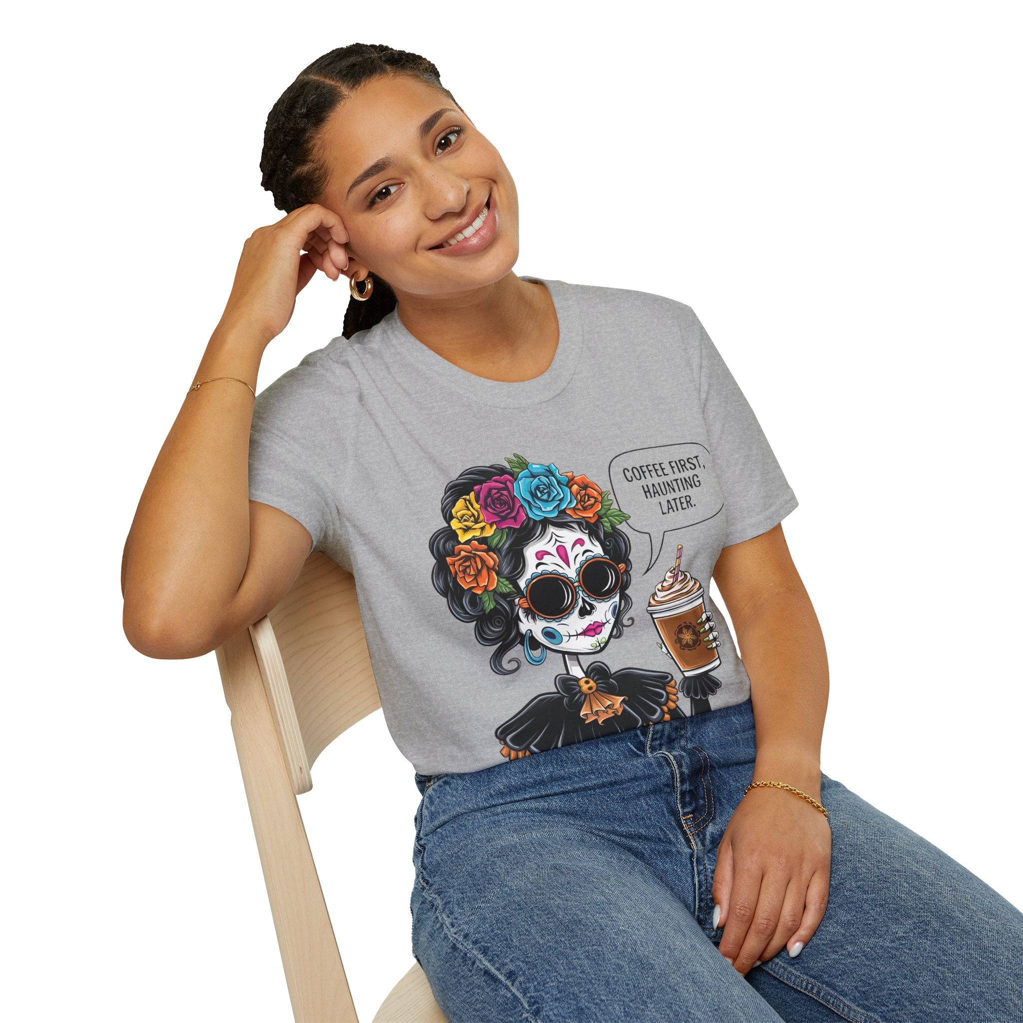 Coffee First, Haunting Later Halloween T-Shirt, Cute Halloween Apparel, Coffee Lover Gift