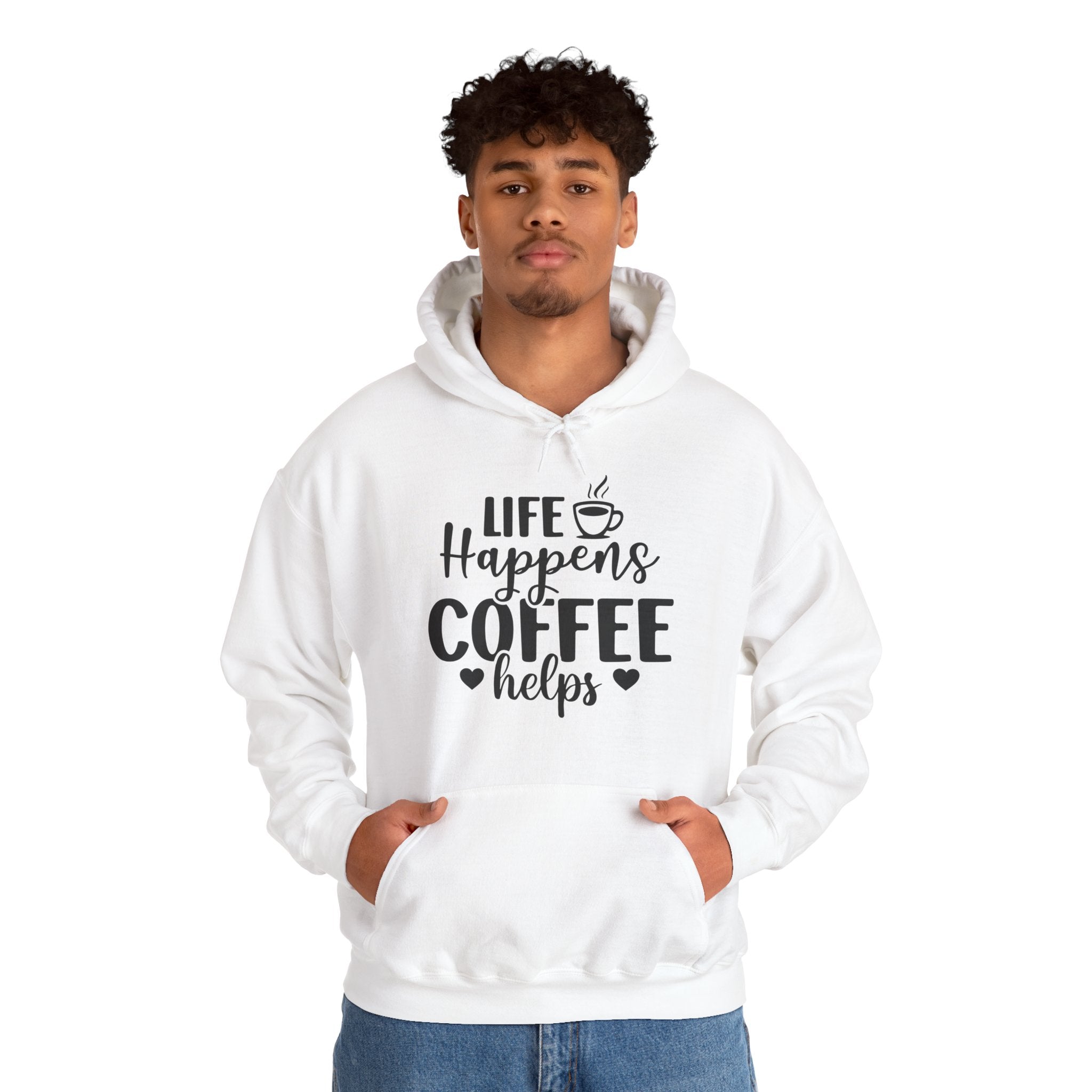 Coffee Hoodie — "Life Happens Coffee Helps" Cozy Pullover for Coffee Lovers, Unisex Hoodie for Coffee Lovers